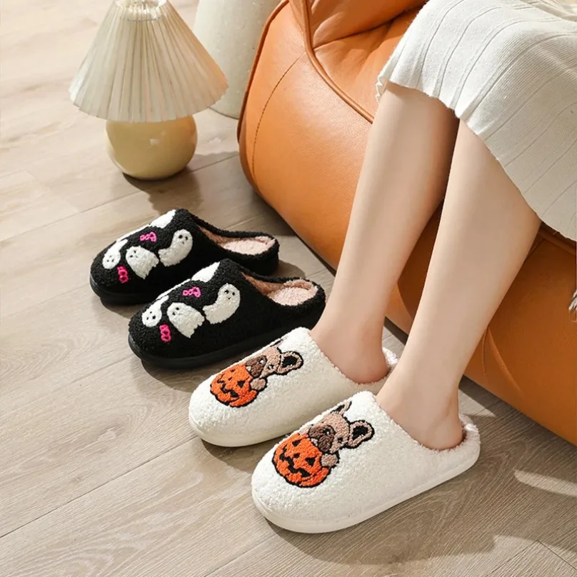 

Women Home Slipper Winter Warm Fuzzy Kawaii Cartoon Plush Contton Indoor Funny Ghost Dog Puppy Floor House Shoe Female Halloween