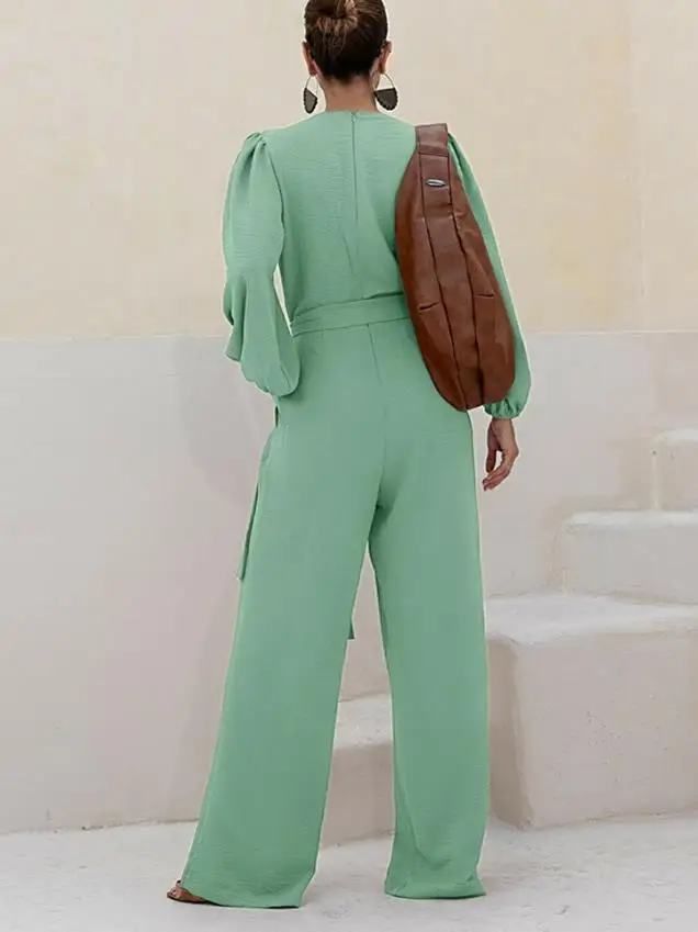 Jumpsuit Women 2025 Spring Puff Sleeve Plunge V Neck Waist Tied Detai Jumpsuit Casual Ruched Textured Loose Romper with Pockets
