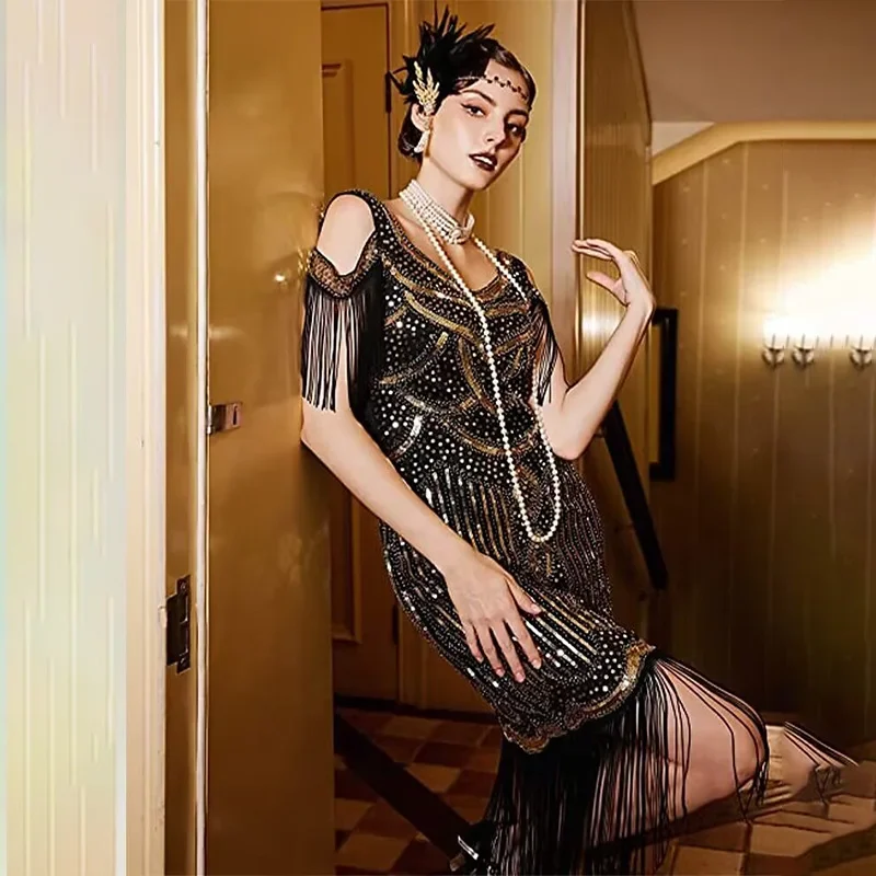 2024 nuovo abito da sera Vintage Gatsby da donna 1920 vestito con nappe con paillettes per feste a tema Sexy