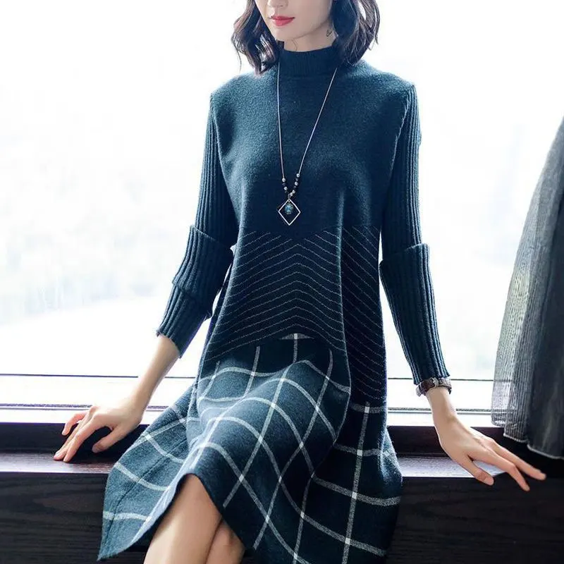 Autumn Winter Half High Collar Knitted Dresses Casual Printed Female Clothing A-Line Stylish Bright Line Decoration Midi Dress