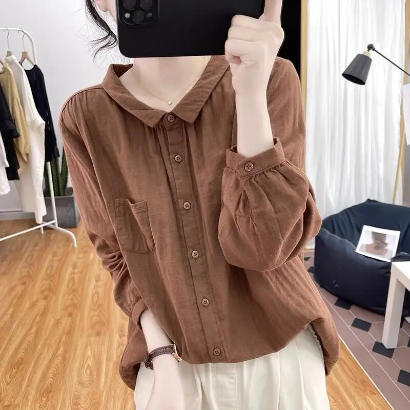 2023 Women\'s Clothing Long Sleeve Polo-Neck Solid Color Office Lady Commuter Spring Autumn Loose Vintage Button Pockets Shirt