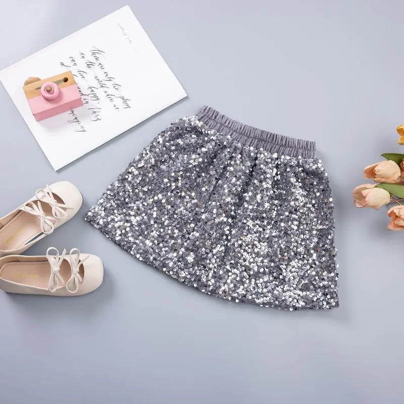 2025 Toddler Kids Girls Velvet Sequin Bodycon Skirt, Children Girl Trendy A-Line Mini Skirt for 2-13Y