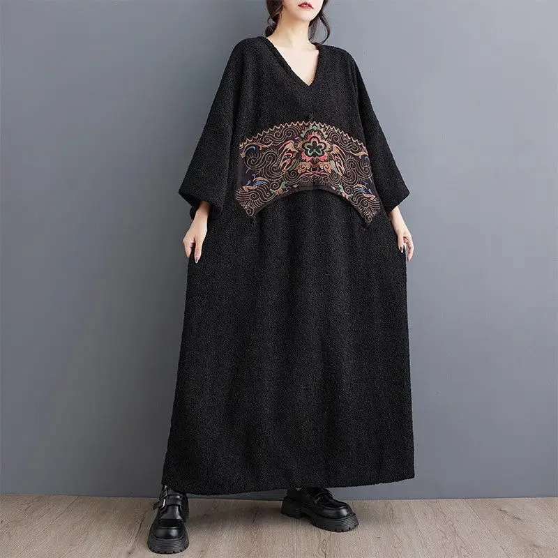 2024 Autumn/Winter New Fashionable Versatile Plush Dress Woman Korean Edition Embroidered Loose Thick Robe Long Dress k2573