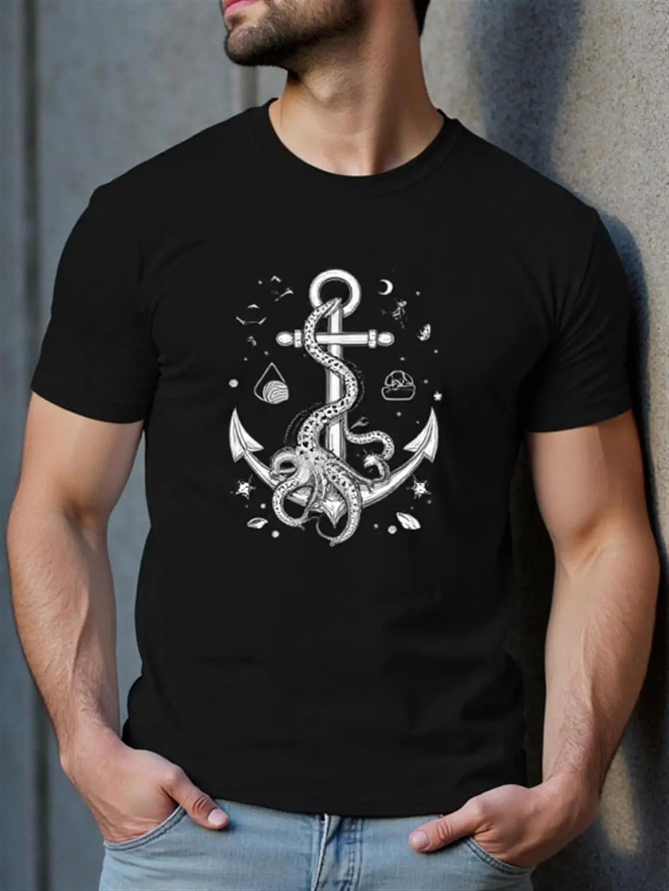 

Men's Sea Anchor T-Shirt Black Coast Pattern T-Shirt with Octopus, Shells, Fish Soft Breathable Cotton Shirt Suitable for Beach, Fishing Trips, Casual Wear All-Season Casual Clothing Gift