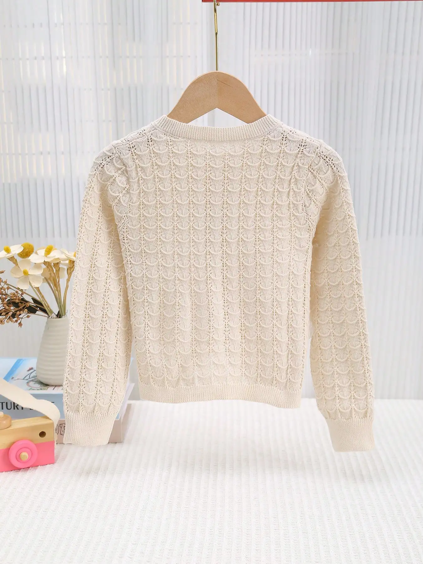 Girls' Thin Knit Cardigan with Elegant Hollow-Out Design and Purple Bow Decoration on the Side Cuffs