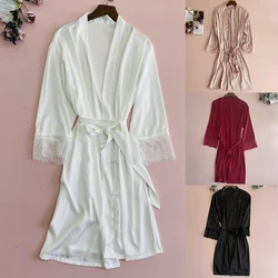 Sexy White Lace Bride Bridesmaid Wedding Robe Spring Summer Women Sleepwear Kimono Bathrobe Gown Loose Satin Nightdress Homewear
