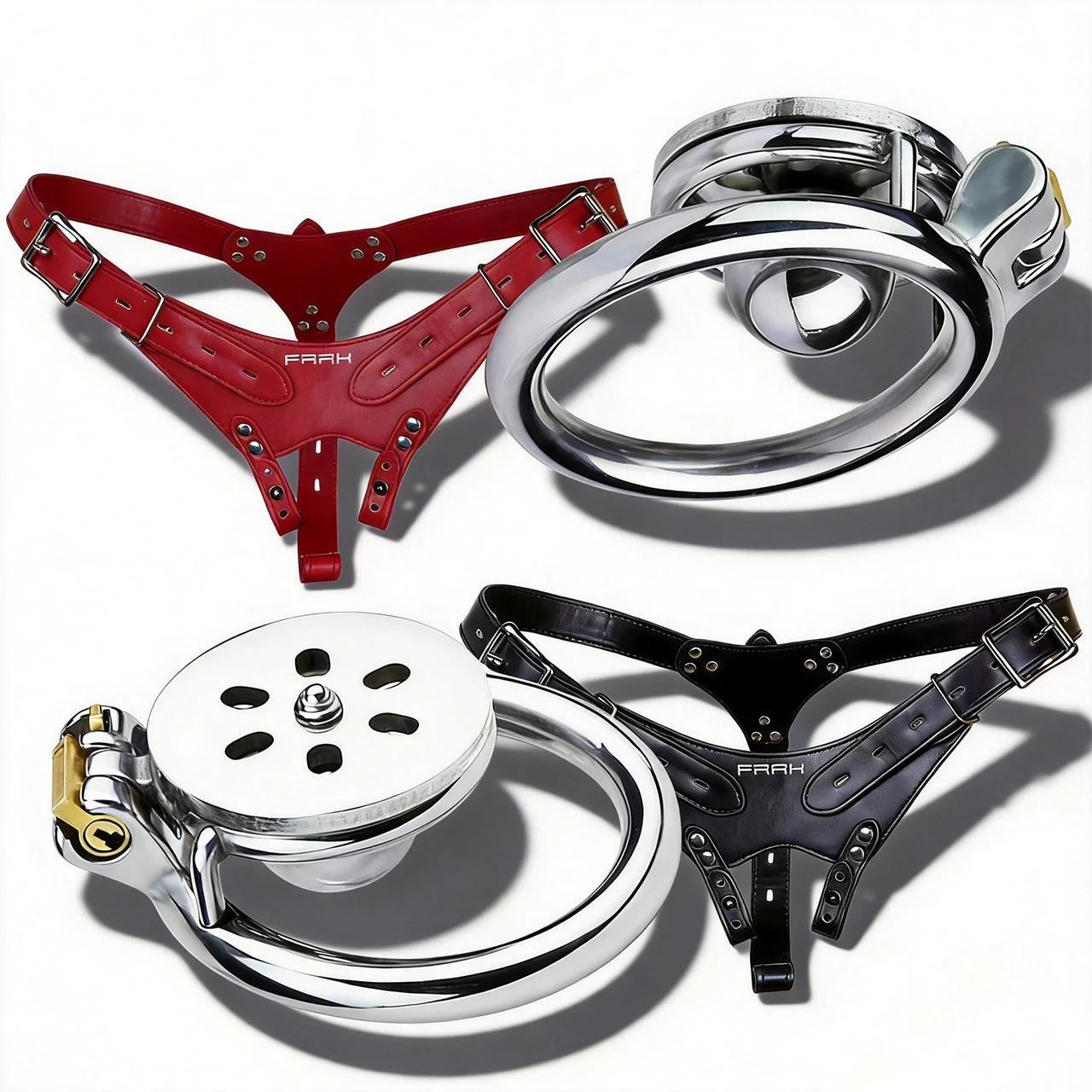 FRRK Stainless Steel Flat Male Chastity Device with Inverted Catheter Ball Three-Way PU Wearable Strap Cock Restraints Sex Toy