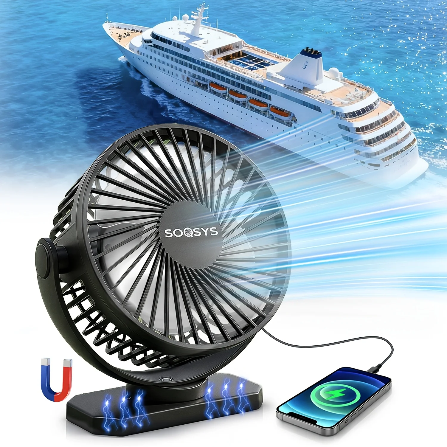 

Magnetic Cruise Fan with 3 Speeds, Timer, LED Lights, Power Output & Bottom Hook, Portable Fans for Camping Travel Cruise Essentials