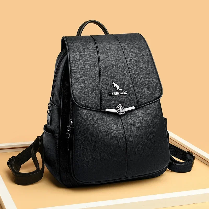 2024 New Fashion Retro Panel Commuter School Bag Women\'s Backpack PU Soft Leather Casual Lightweight One Shoulder Travel Bag