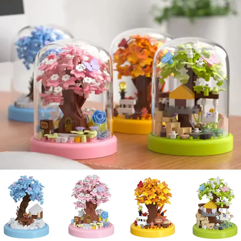 Cherry Blossom Tree House Potted Plant Micro Building Blocks With Transparent Dust Cover Assembly Ornaments MOC Bricks DIY Toys