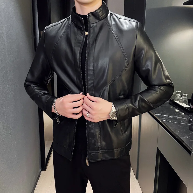 Blouson en Cuir Souple à Manches sulfpour Homme, Manteau Fin à Fermeture Éclair, Marque de Mode, Printemps Automne 2023