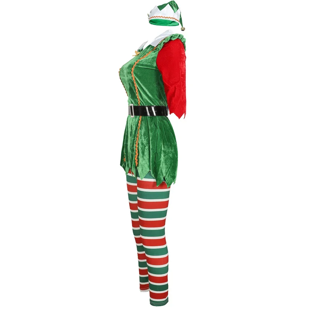 4Pcs Women Christmas Green Elf Cosplay Costume New Year Xmas Party Santa Claus Assistant Fancy Dress Up