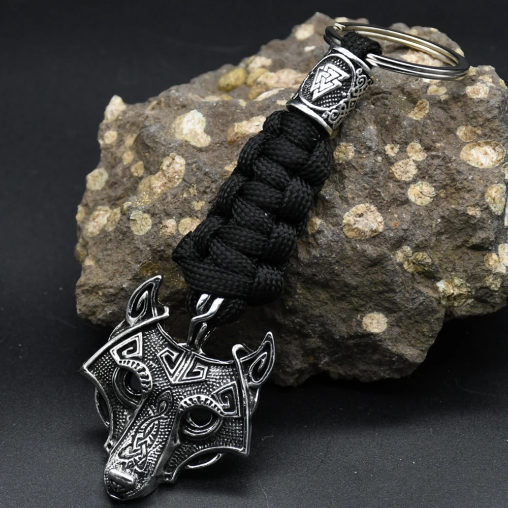 Nordic Mythology Wolf Head Keychain Men\'s Retro Handmade Survival Rope Lanyard Pendant Keyring Vikings Runes Vegvisir Jewelry