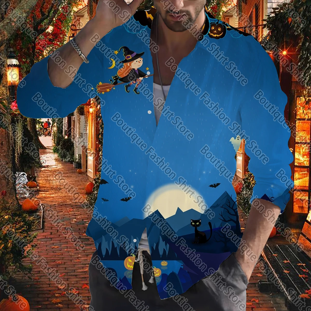 Camisas de Halloween para hombres, top de fiesta al aire libre de calle, botones de manga larga, solapa, suave y cómodo, Otoño e Invierno