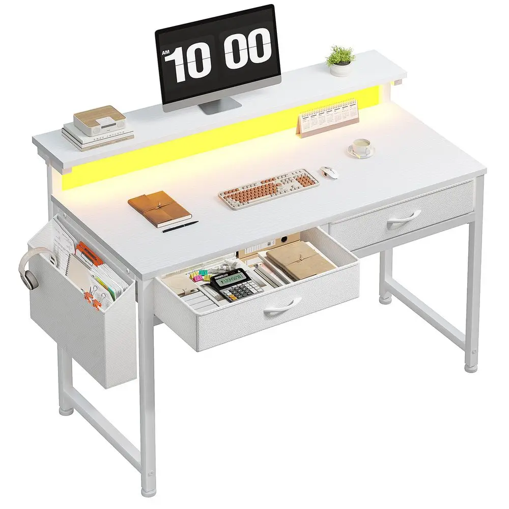 Computer Desk with 2 Drawers amp LED Lights,31Inch Home Office Desks with Side Pocket and Monitor Stand,Study Writing Table for