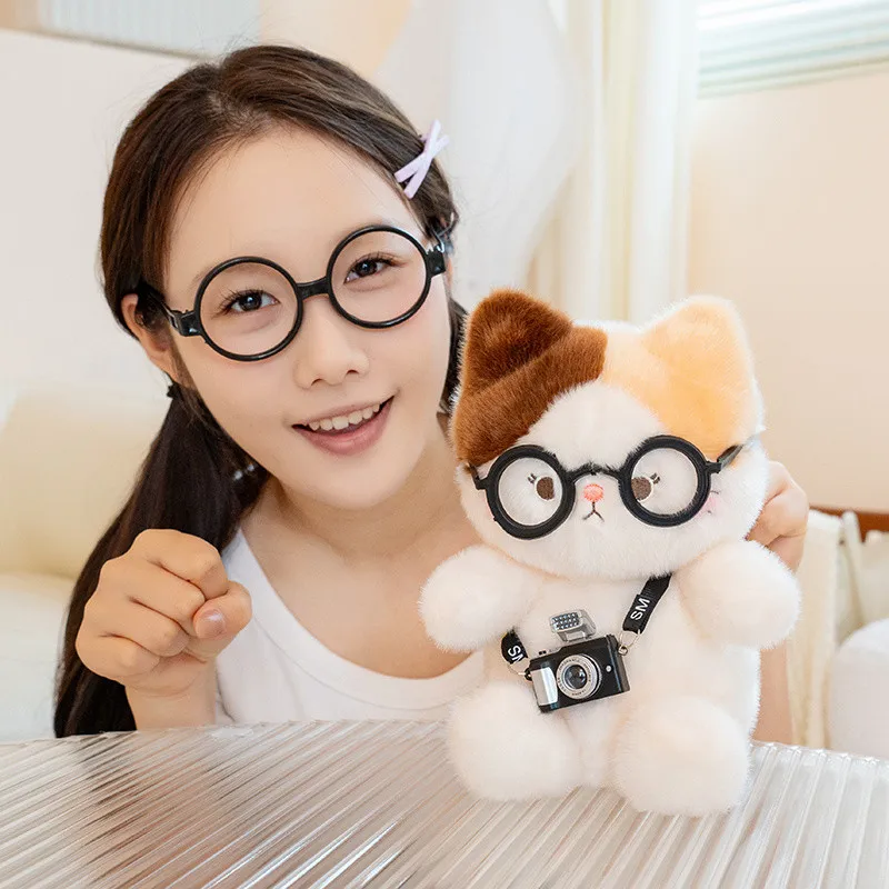 Realistic Calico Cat Plush Toy With Glasses Camera 15 20cm Lifelike Tricolor Stuffed Animal Weighted Pellet Soft Doll Gift