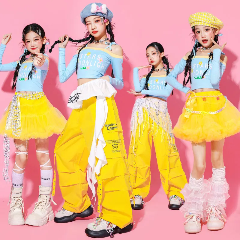 

Комплекты одежды для девочек: укороченный топ в стиле K-pop, кружевные брюки карго, юбки для уличных танцев, детская одежда в стиле хип-хоп, джазовые костюмы, одежда для девичьих групп