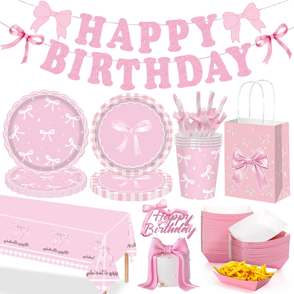 Pink Bow Pattern Disposable Tableware Paper Plates Cups Napkins Cake Topper Bag Box Girls Birthday Party Baby Shower Decor
