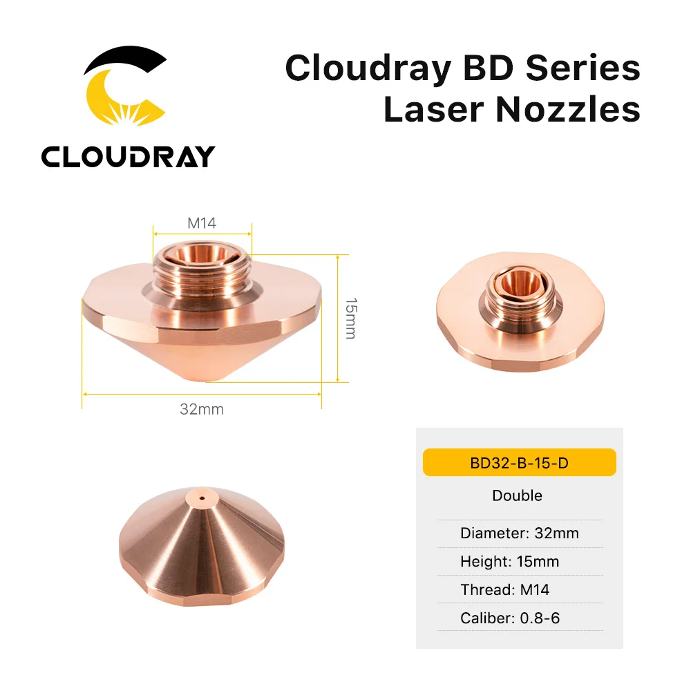 Cloudray  Laser Nozzles Single Layer/Double Layers Dia.32mm Caliber 0.8 - 6.0mm BD Series for Fiber Laser Cutting Head