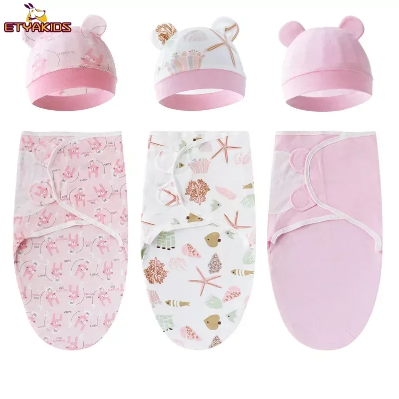 New Babies Sleeping Bags+hats Newborn Baby Swaddle Wrap 100%Cotton Baby Blanket Swaddling Wrap Sleepsack for 0-6 Months Infant