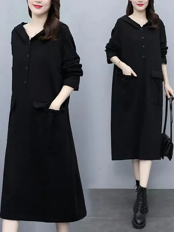 

Loose Women's Workwear Long Sleeve Hoodie Dress with Double Large Pockets Slimming plus Size mid Waist Polyester Fiber