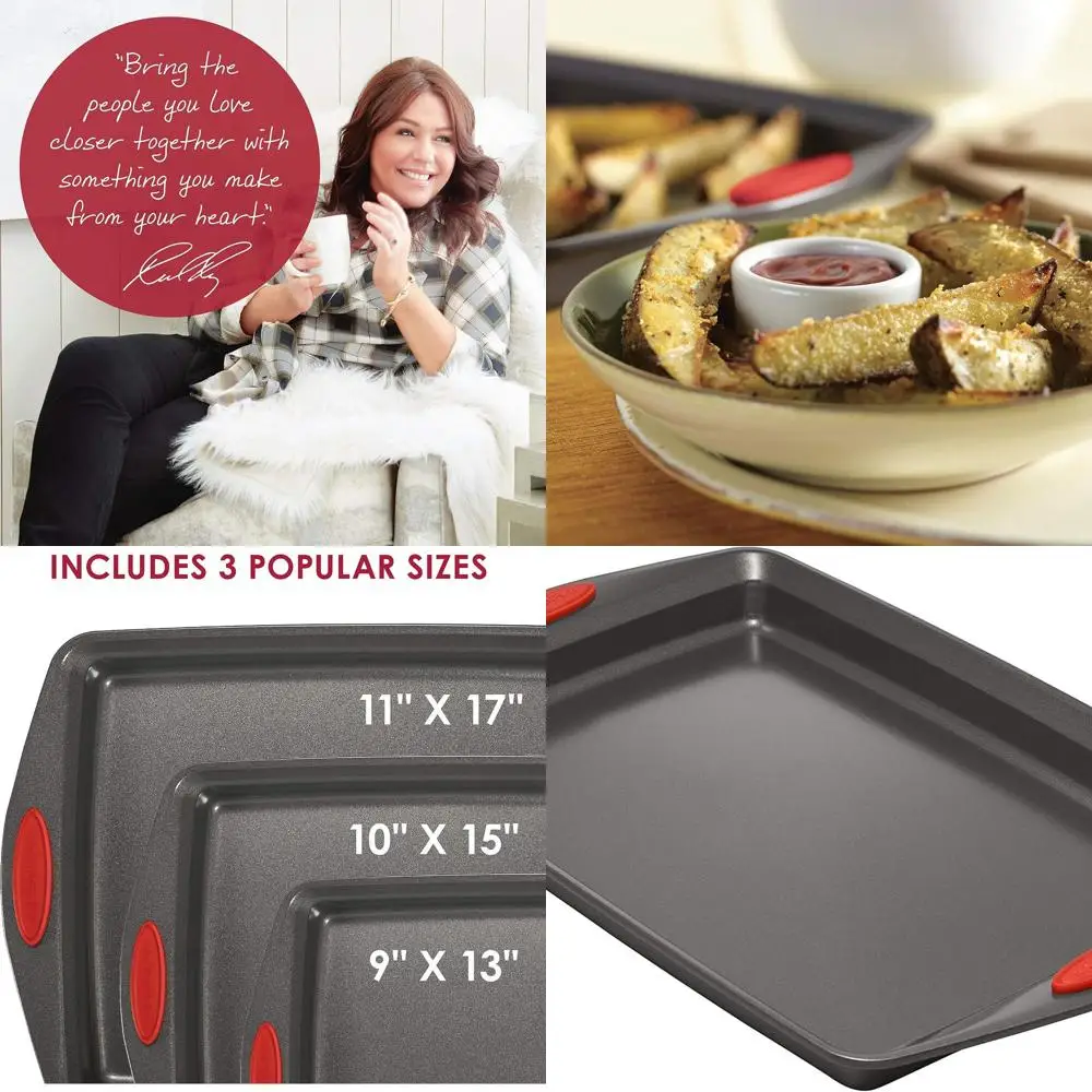 

Gray 3-Piece Nonstick Cookie Sheet Set with Red Handles