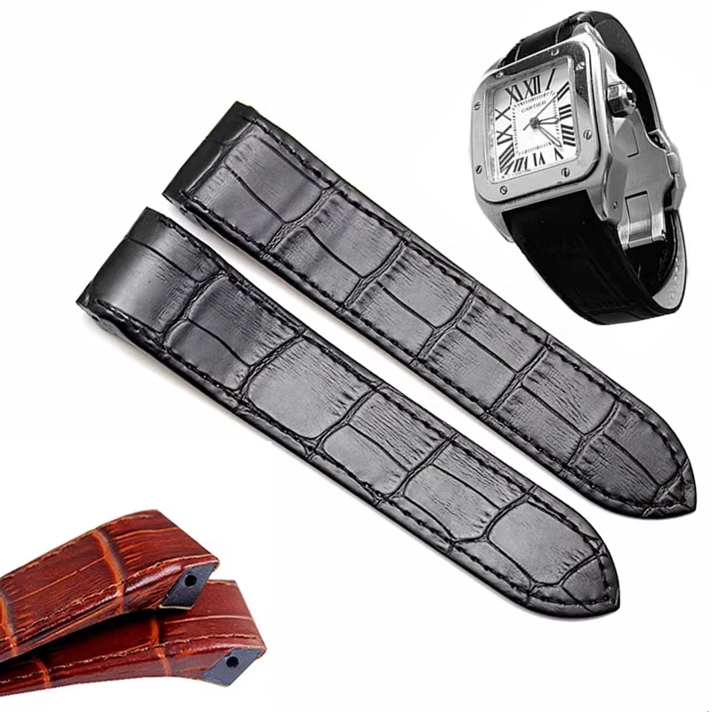 For Cartier Santos Sandoz Series 100 Genuine Leather Strap Folding Buckle Men's and Women's Cowhide Watch Accessories 20 23 24.5