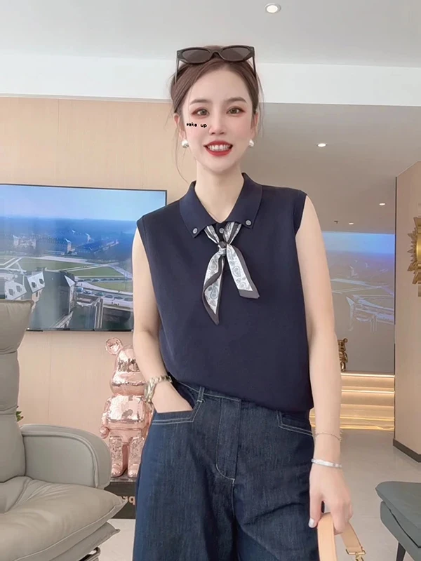 

Loose Fit Summer Knitwear Sleeveless Thin Neck Design Silk Scarf Women's Fashion Korean Style Pure Color Top Large Size