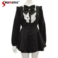 SC Suit Women Japanese Mine Retro Plaid Love Heart Bow Tie Chain Mass-Produced Long Sleeve Dress Shorts Set Autumn New Culottes