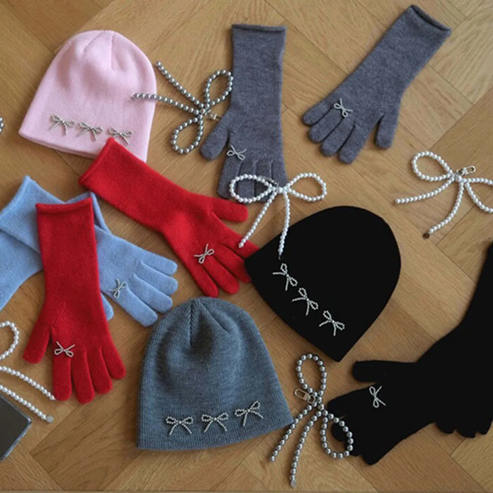 1 Pair Thicken Knitted  Gloves Women Small Bow Knot Warmth Gloves Solid Color Long Winter Sweet Mittens Women's Gloves Guantes