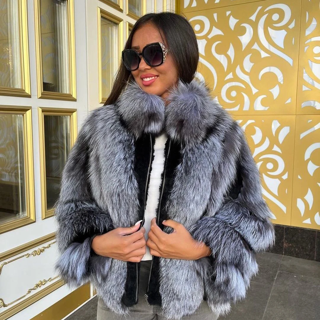 Fashion Genuine Leather Fox Fur Jacket Stand Collar Women Winter Outwear Thick Warm Natural Real Fox Fur Coats Trendy Overcoat