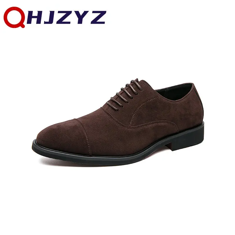 

2025 Black Men Dress Shoes Flock Derby Lace-up Handmade Men Business Casual Party Shoes Chaussures Pour Hommes