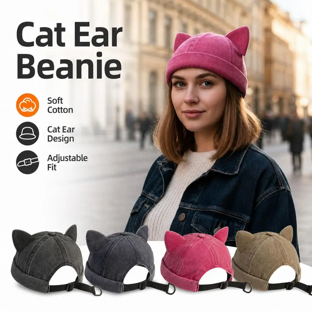 Cat Ears Landlord Hat Washed Cotton Breathable Beanie Cap Solid Color Retro No Brim Docker Hat Men Women Streetwear Y2K