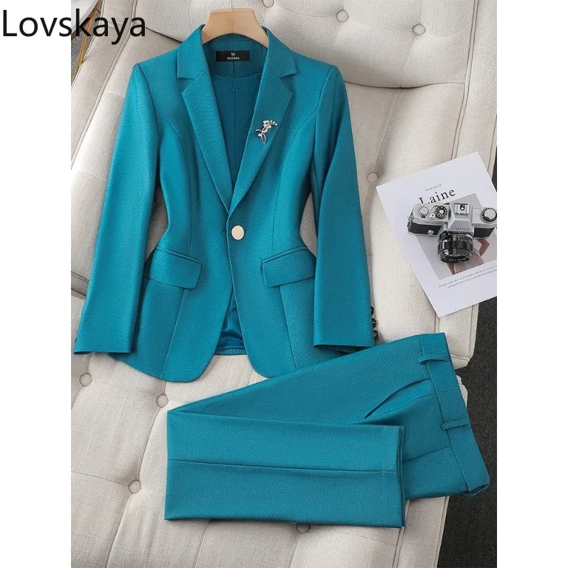 

Solid Formal Jacket Trouser Female Business Work Wear 2 Piece Set Blazer And Pant Suit Women Green Purple Blue Black