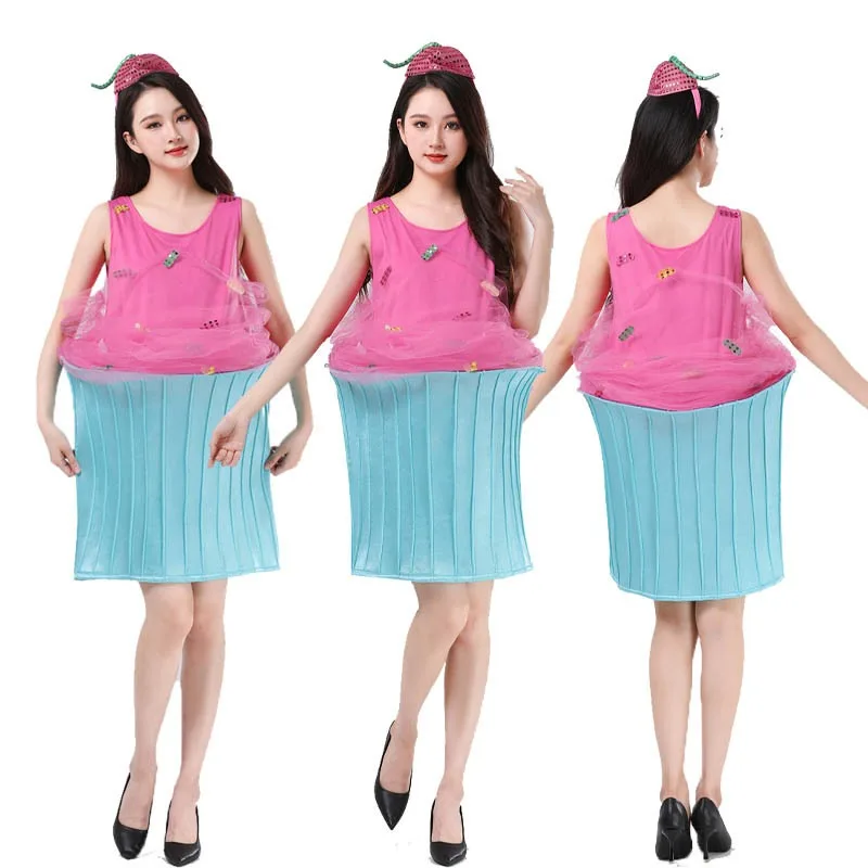 

Halloween Cosplay Costume Funny Ice Cream Pink Cake Dress Hat Suits Performance Party Role Playing Outfits for Adult Women