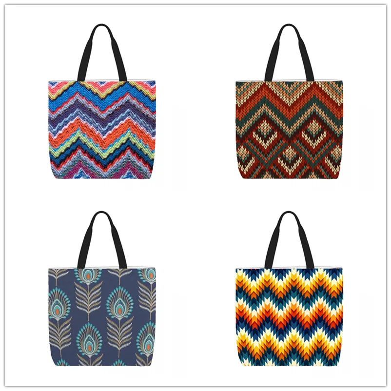 Boho Chic Zigzag Customize Tote Bag Printed Traveling Shoulder Bags Eco Reusable Shopping Bags For Women with Print