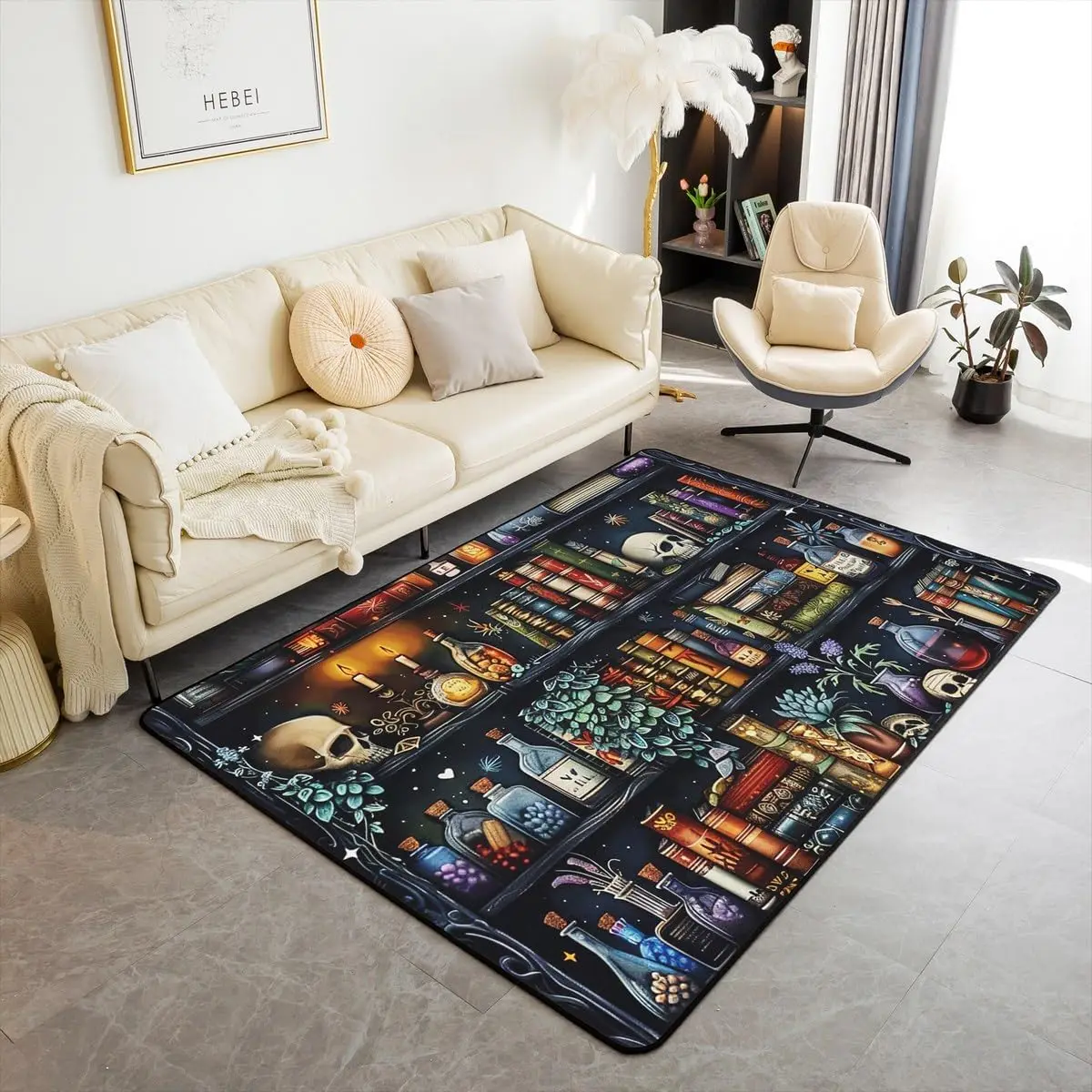Retro Bookshelf Area Rugs,Science Chemical Theme Living Room Rugs for Kids Boys Bookcase Books Sugar Skull Halloween Indoor