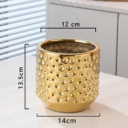 Gold Plating Ceramic Vase Crafts Relief Cylinder Flower Bottle Plant Container Office Flower Planter Pot High Sense Table Decor