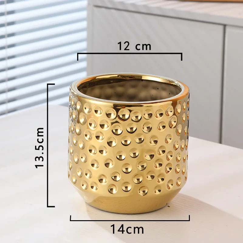 Gold Plating Ceramic Vase Crafts Relief Cylinder Flower Bottle Plant Container Office Flower Planter Pot High Sense Table Decor