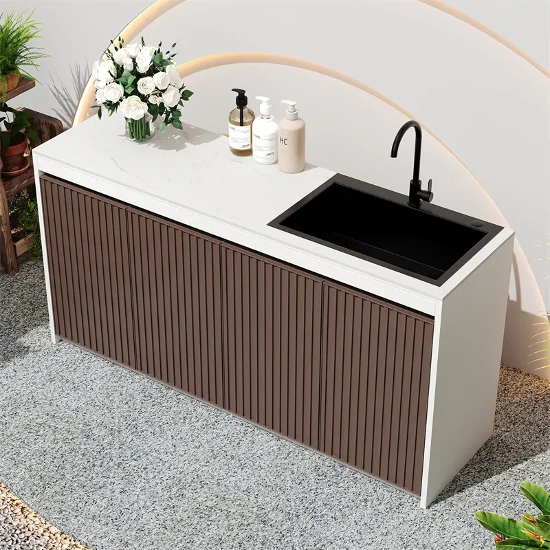 Outdoor Rock Slab Sink Console Table with Honeycomb Storage Cabinet for Courtyard Balcony Vegetable Washing 2026 New Design