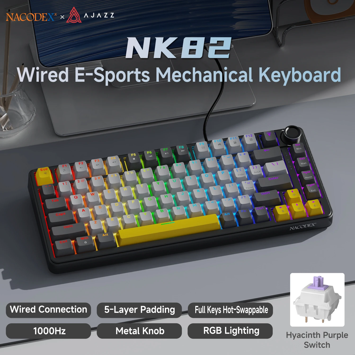 Ajazz NK82 bedraad mechanisch gaming-toetsenbord 1K Hz reactietijd gemengd licht/RGB-lichteffect multifunctionele metalen knop 82 toetsen uitgeschakeld