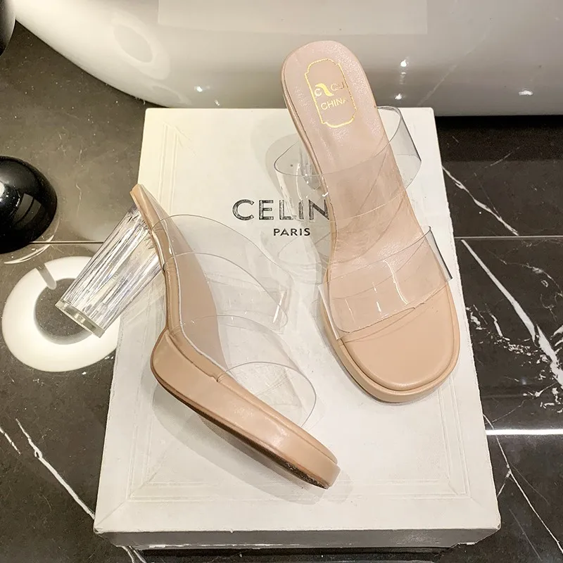 Chinelos de pvc transparente feminino novo copo de cristal super salto alto sexy salto alto tamanho grande verão dedo do pé aberto chinelos transparentes