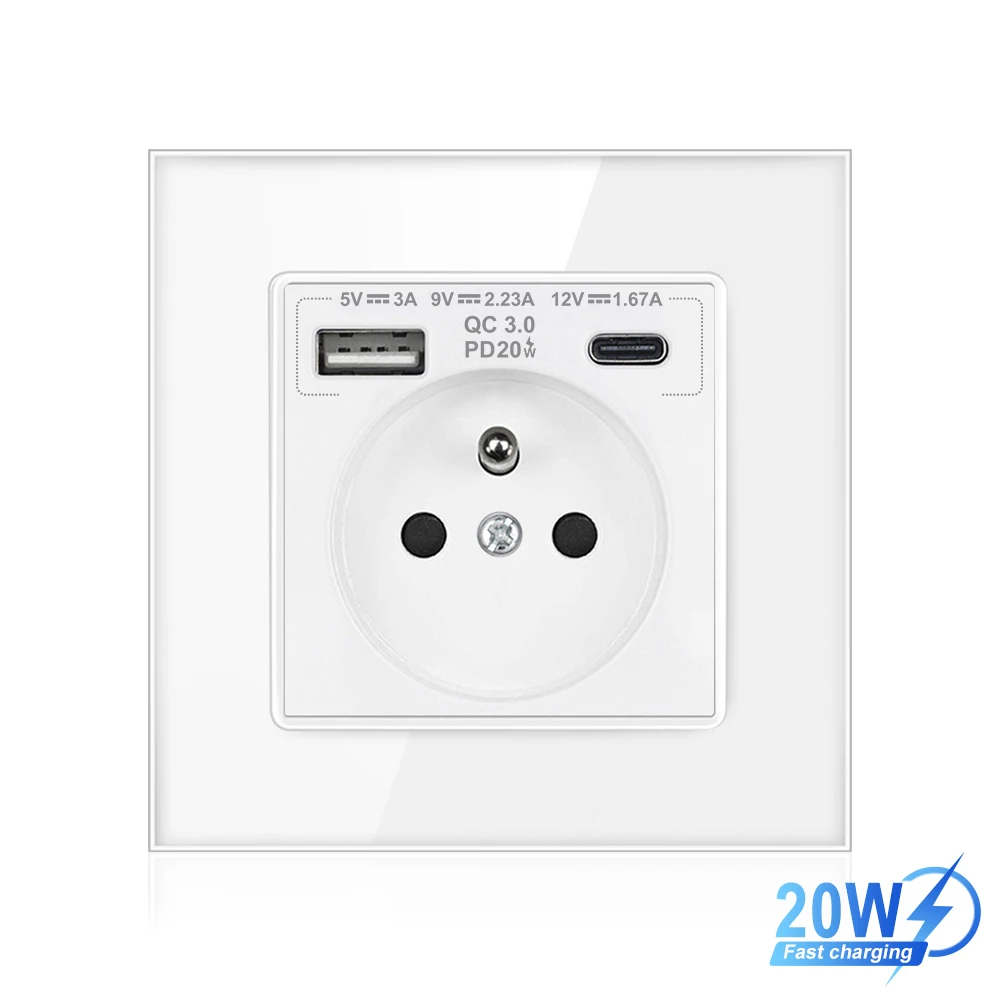 

Электрическая розетка VISWE, французская панель из закаленного стекла с разъемом Usb Type-C, стандартная настенная розетка России с зарядкой USB, 5 В, 2 А или 20 Вт