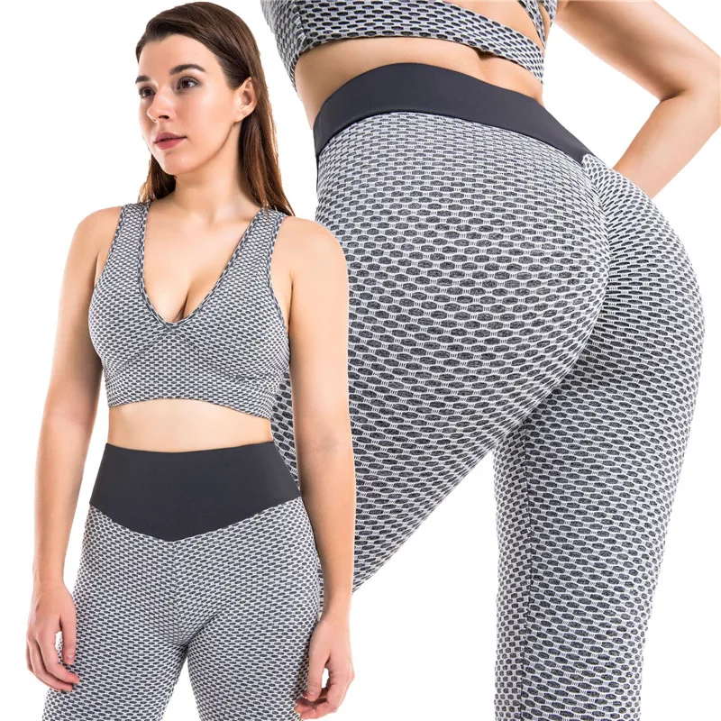 Women Yoga Sets Stretchy Fitness Gym Leggings High Waist Seamless Push up Pants Sportswear Hi-rise Racer Back Criss-crossed Bra