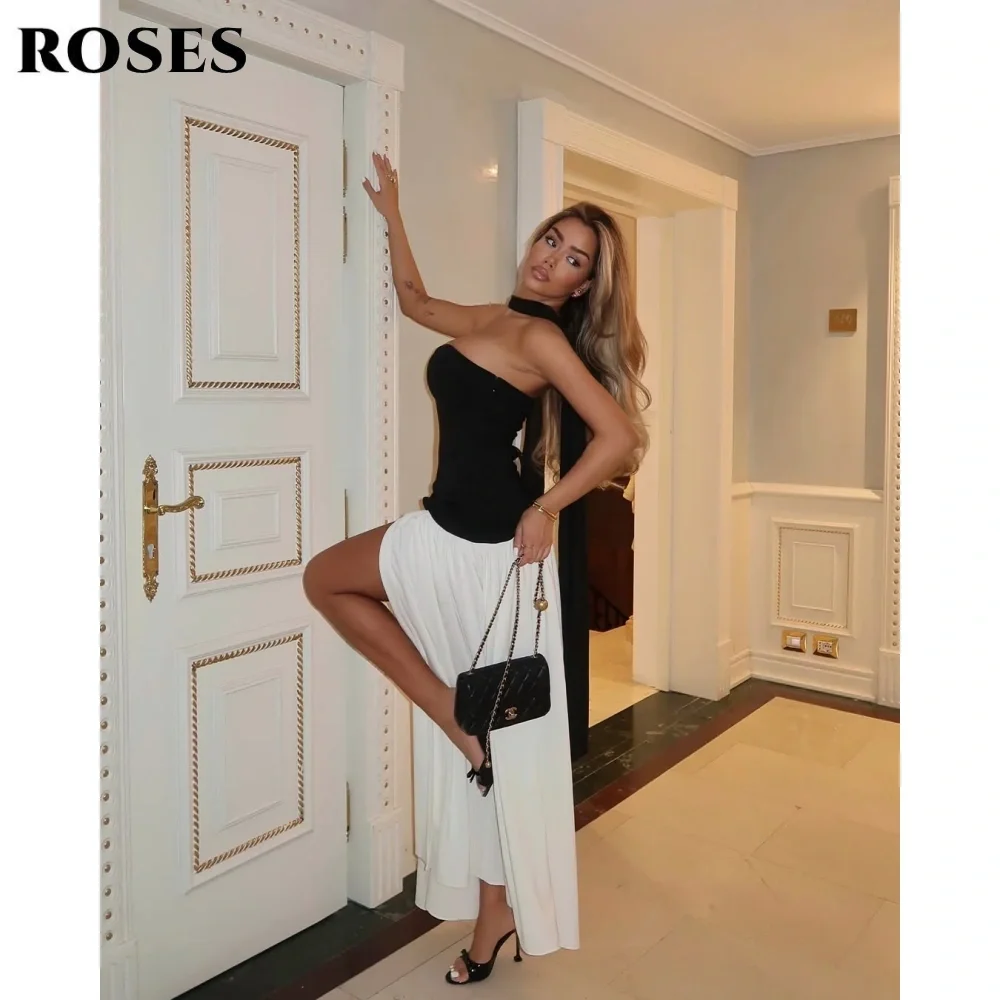 ROSES Abito da ballo macchia bianco-nero Pieghe Abito da celebrità senza spalline Abiti da sera da donna sexy senza maniche per gala personalizzati