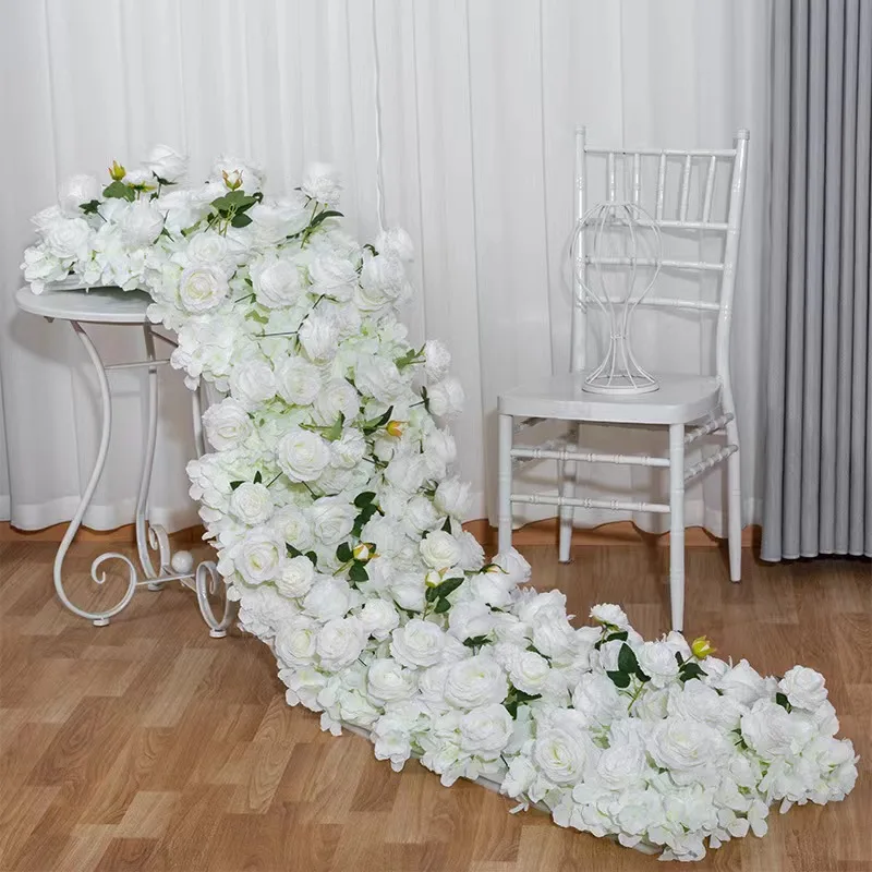 White Rose Hydrangea Large Flower Ball Artificial Green Plants Flower Row Runner Wedding Backdrop Decor Floral Wall Party Props