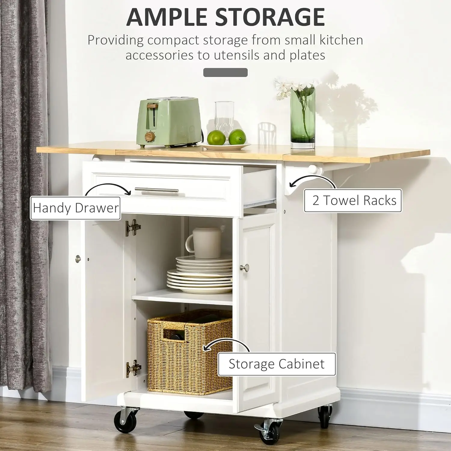 

Kitchen Island with Drop Leaf Trolley Cart on Wheels Drawer Cabinet Towel Racks Versatile Use Natural Wood Top and White