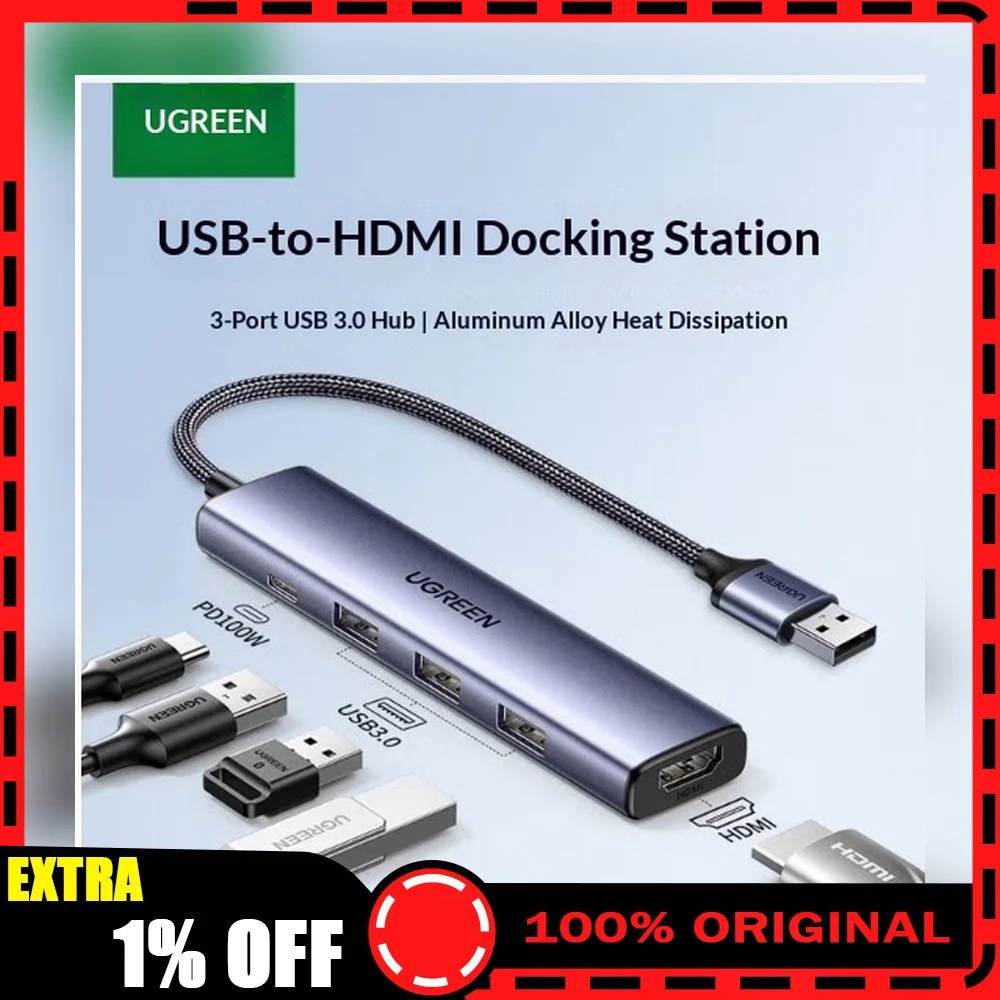 UGREEN 95831 USB 3.0 to HDMI Docking Station with 3 USB 3.0 Ports Video Display Adapter for Laptop Desktop PC