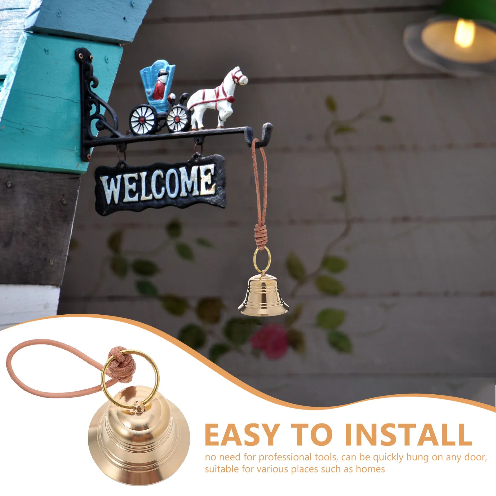 2Pcs Vintage Hanging Bell for Door Knob Brass Jingle Bells Rope Decorative Garden Gate Door Bell Farmhouse Entrance