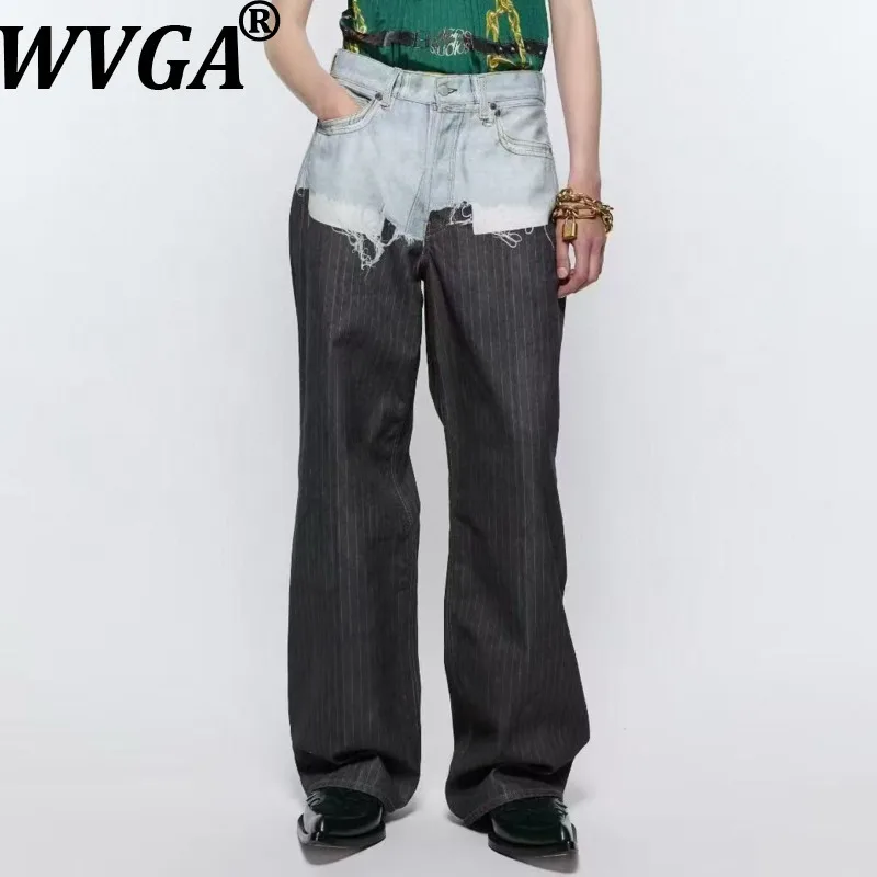 

WVGA Spring Autumn New Men's Tide High Street Patchwork Trendy Straight Niche Chic Casual Wide-Leg Waist Denim Pants Ins W15096